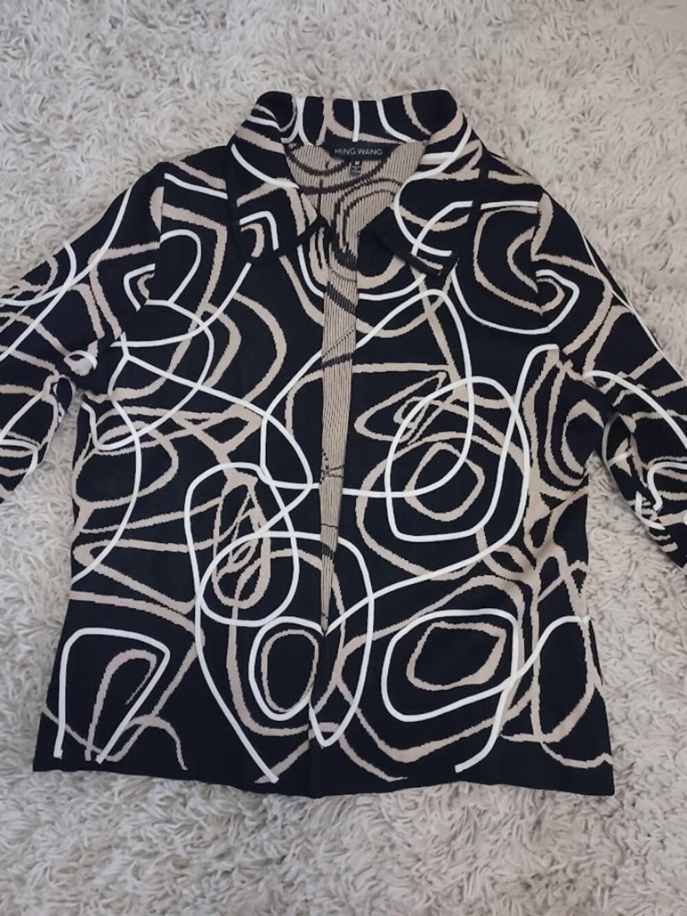 Ming Wang Women's M Abstract Swirl Knit Open Front Jacket Cardigan Black Tan